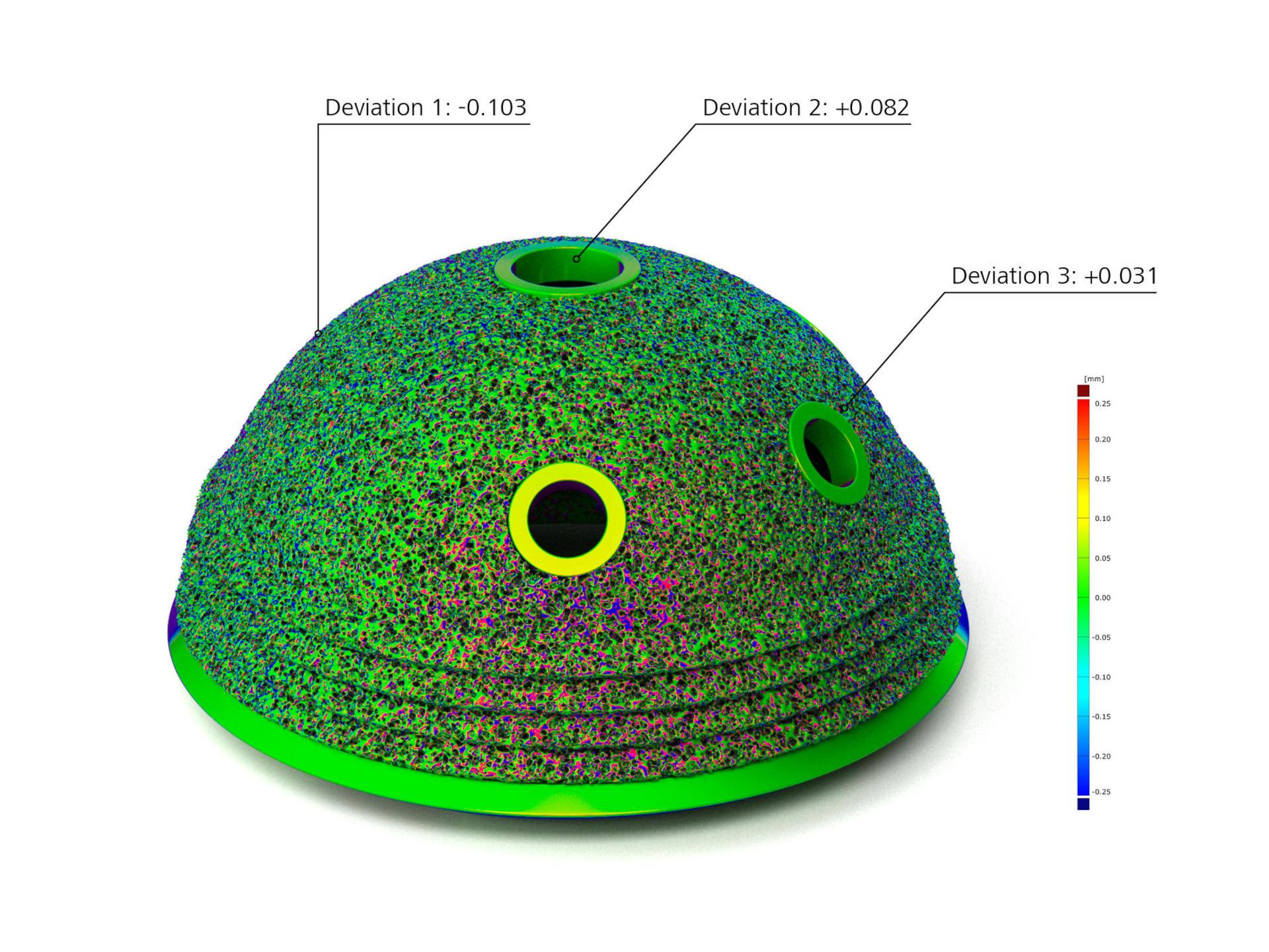 Color map on additively manufactured hip cup to detect warping of functional parts due to different cooling rates within the build