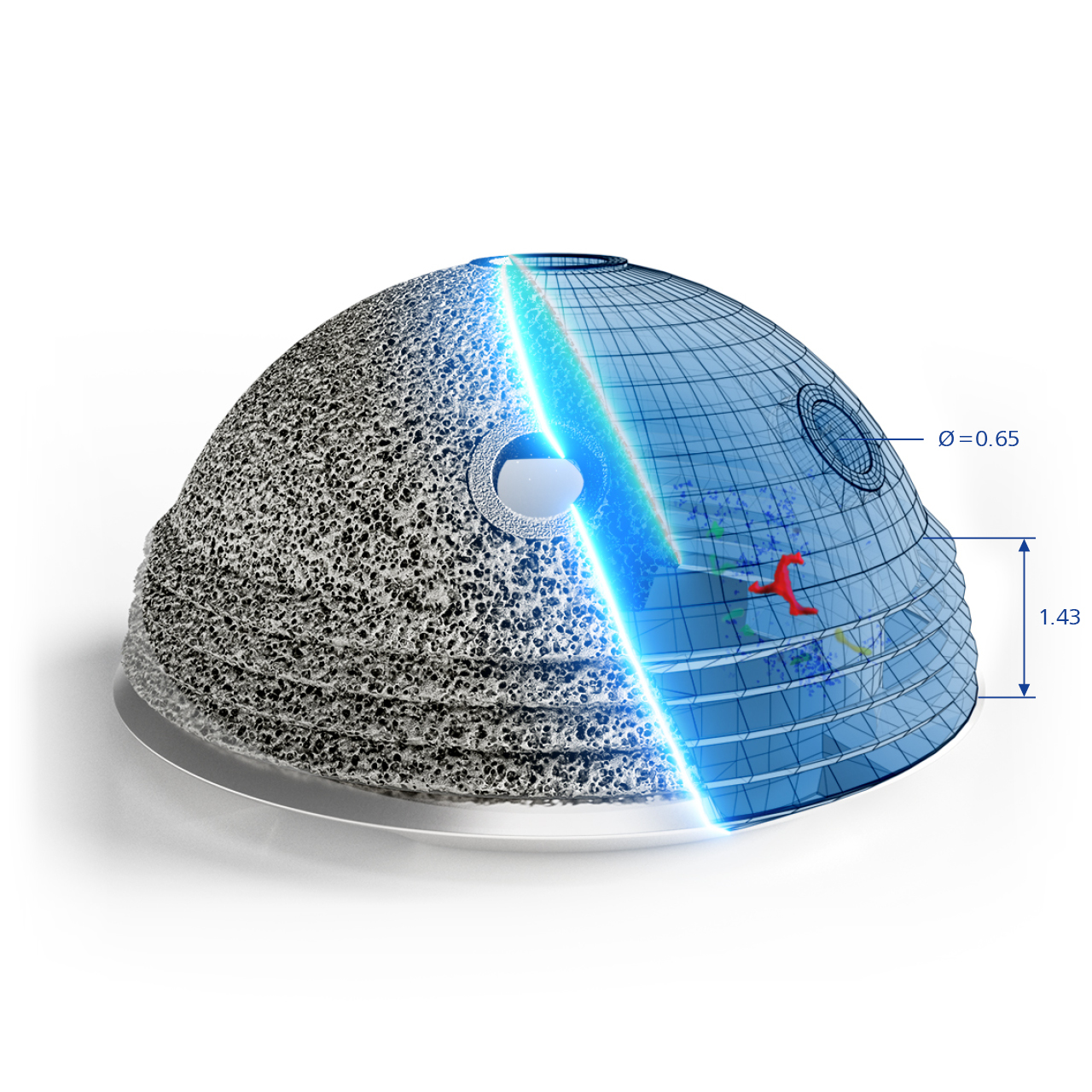 3D printed hip cup non-destructively inspected with x-ray to detect the presence of voids, cracks, and any other issues
