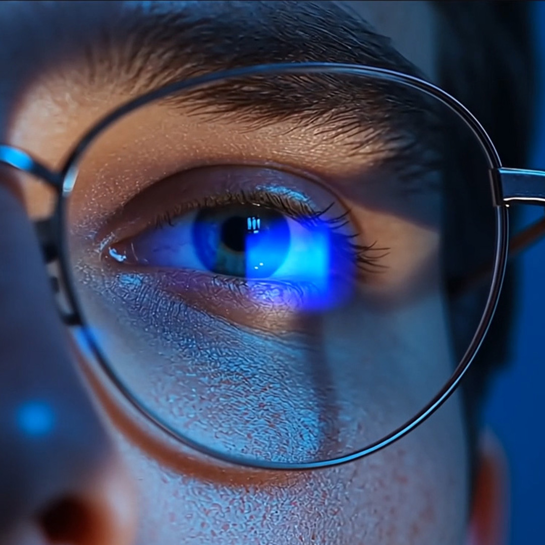 3D CGI illustration of a tinted lens effectively eliminating the glare of the background.