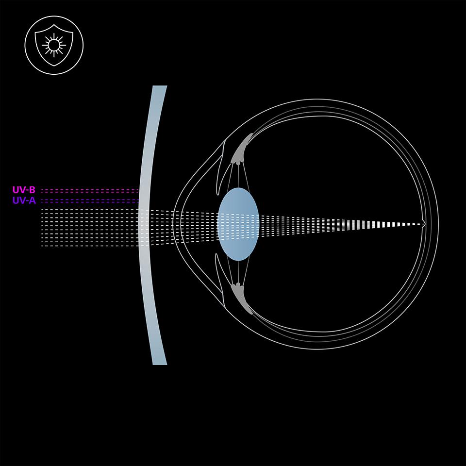 Illustration of the eye and a lens with UV protection, blocking UVA and UVB light rays. 